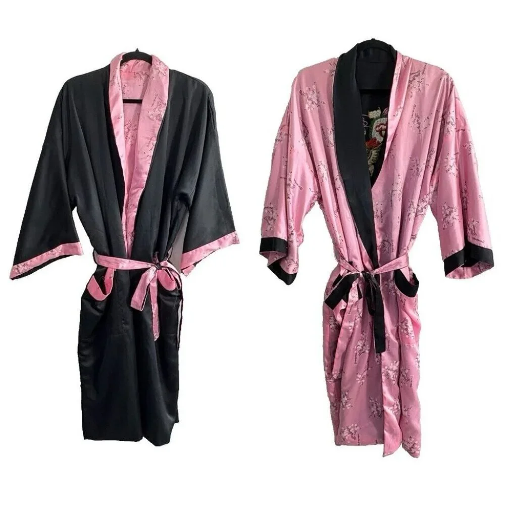 JAPANESE Women Reversible Embroidered Dragon Kimono Robe One SZ Black‎ Pink 65-3